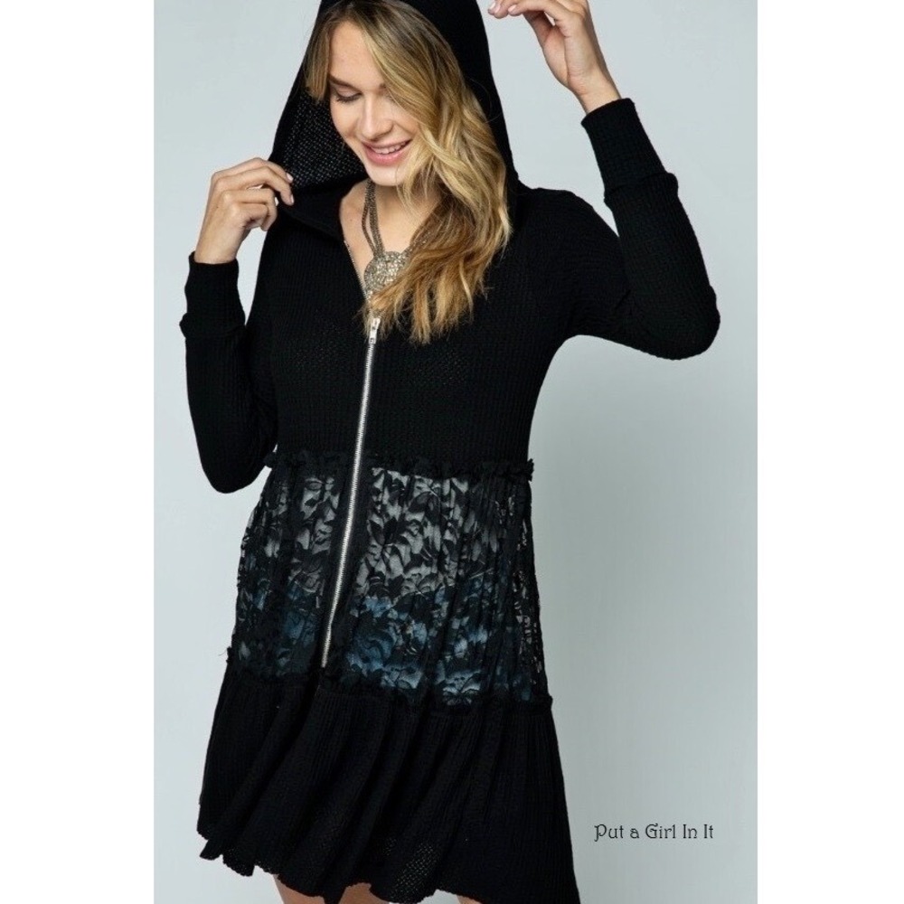 Vocal‎ Black Thermal Lace Ruffle Zip Up Hoodie Jacket Gothic Boho Small u3